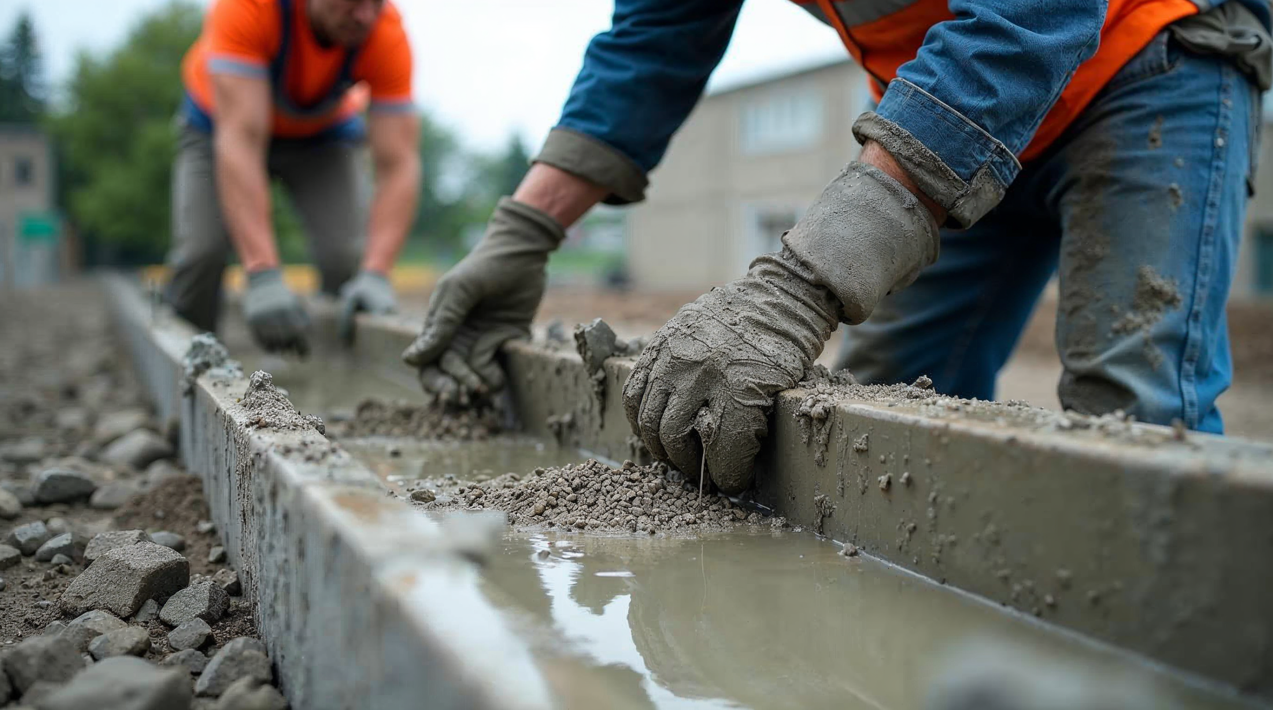Donatılı kalıba taze beton dökümü yapan şantiye ekibi