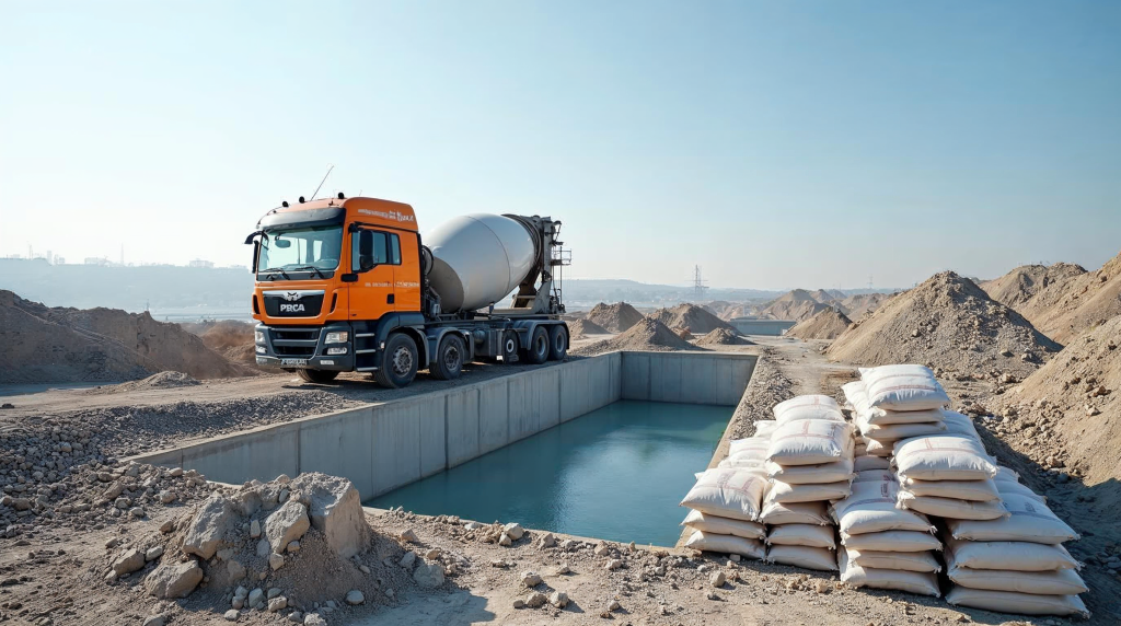 Şantiyede betonarme temele beton döken mikser ve çimento çuvalları
