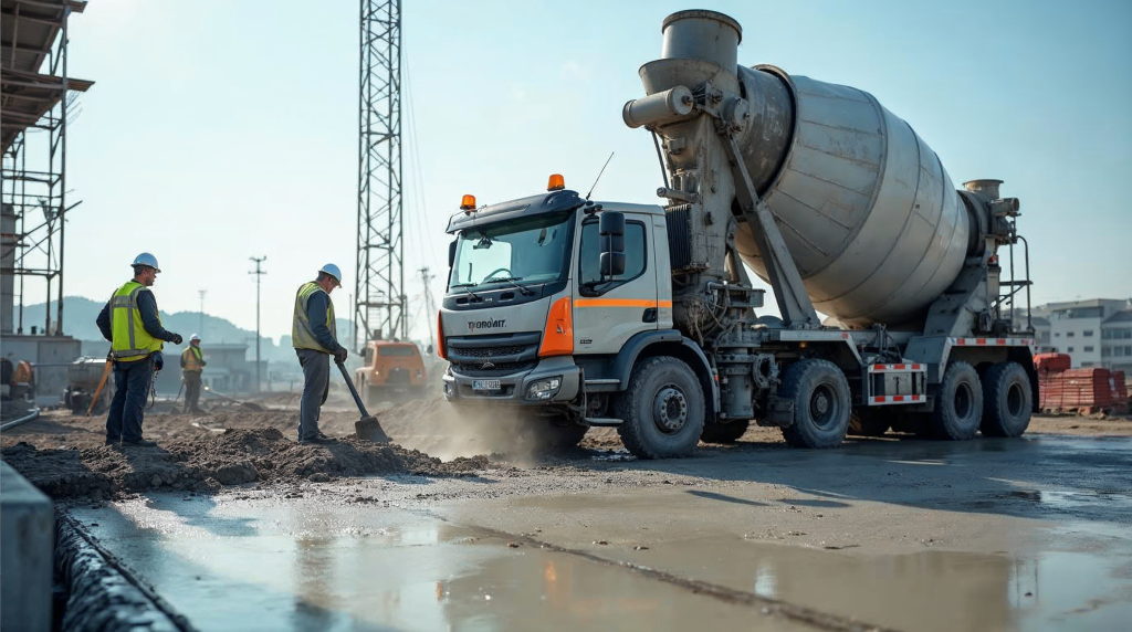 Şantiyede betonpompa ile hazır beton dökümü yapılıyor