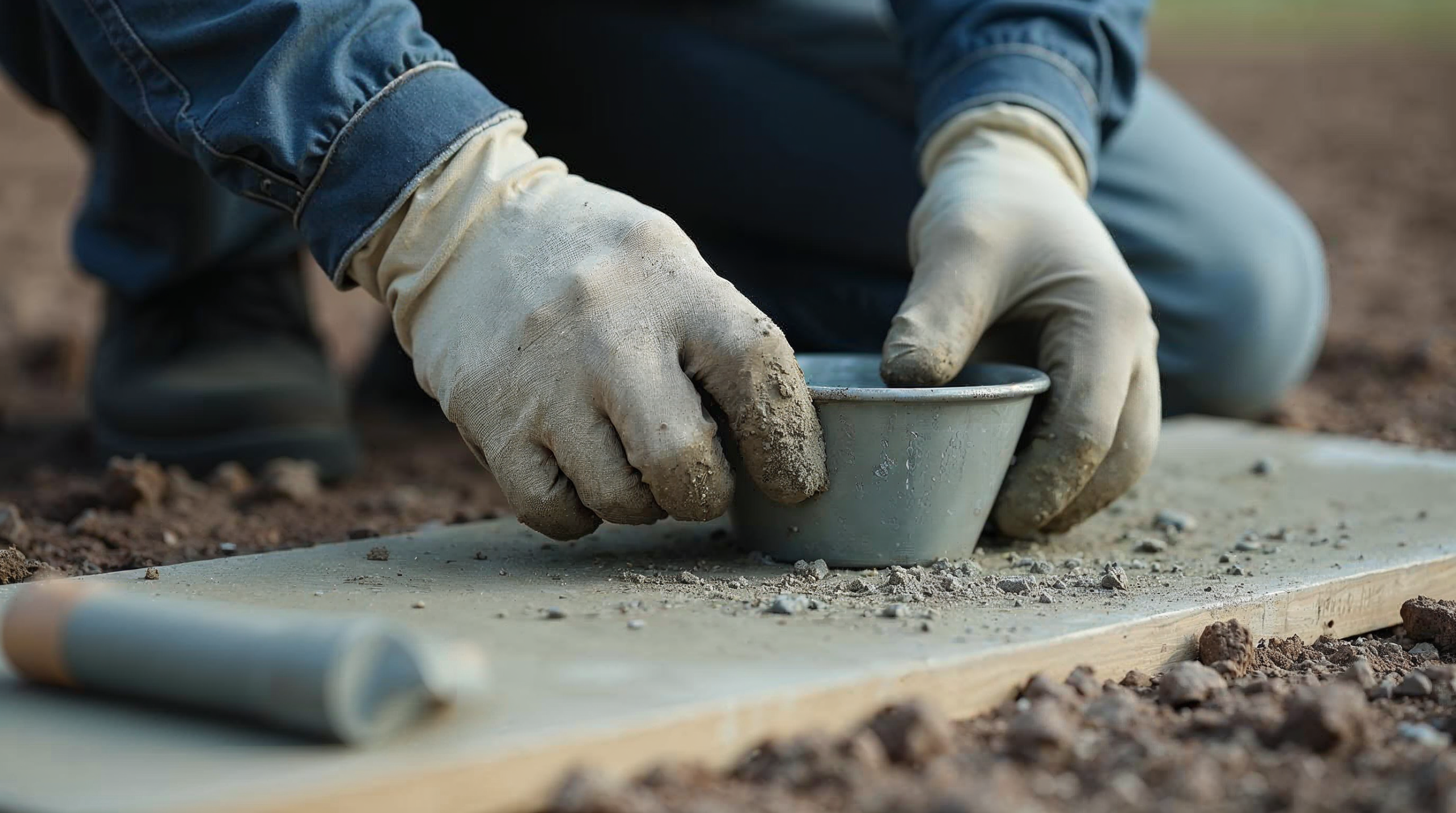 Mühendis taze beton üzerinde çökme (slump) deneyi yapıyor