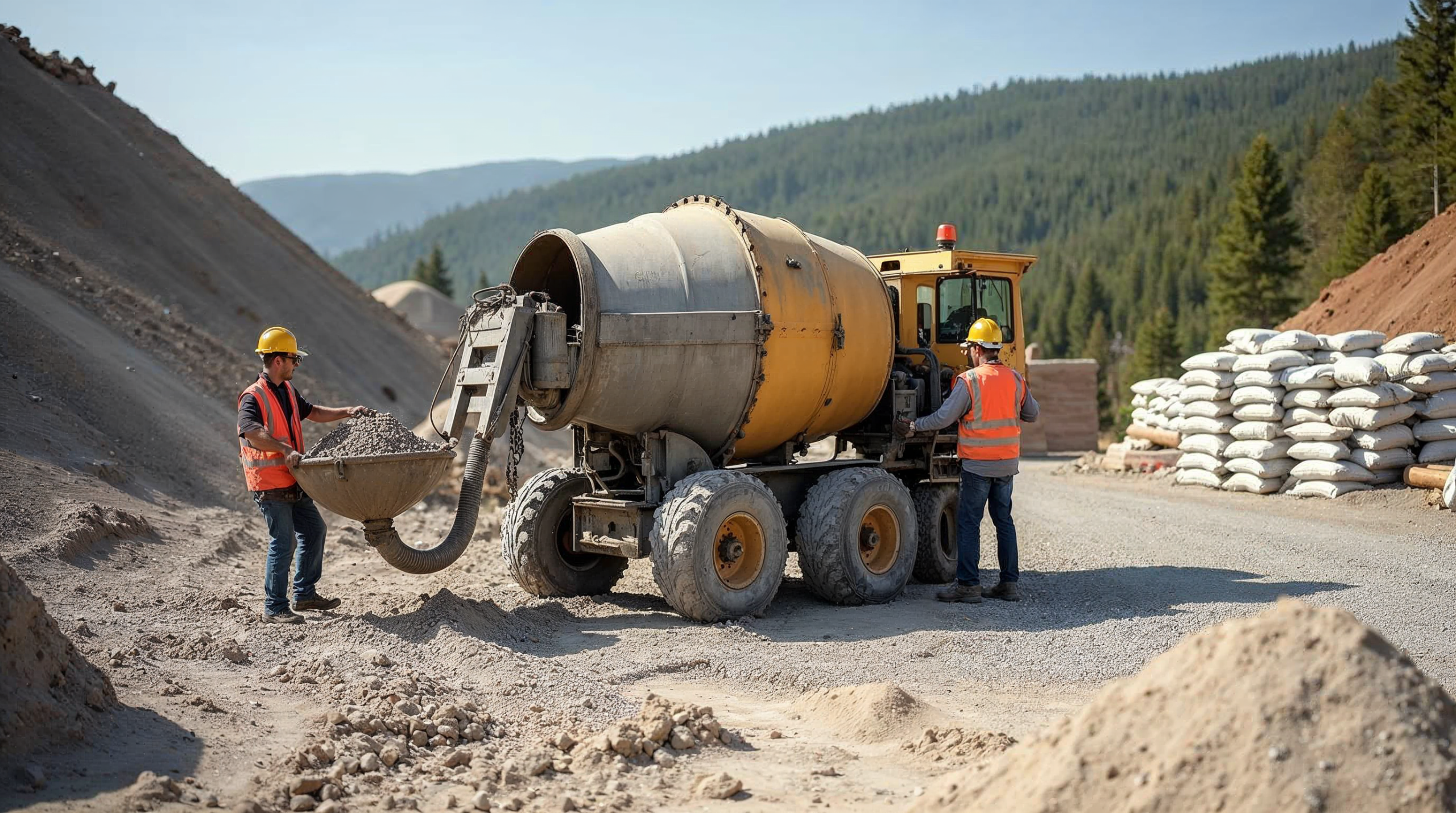 Şantiyede mikserle beton üretimi ve agrega yığınları