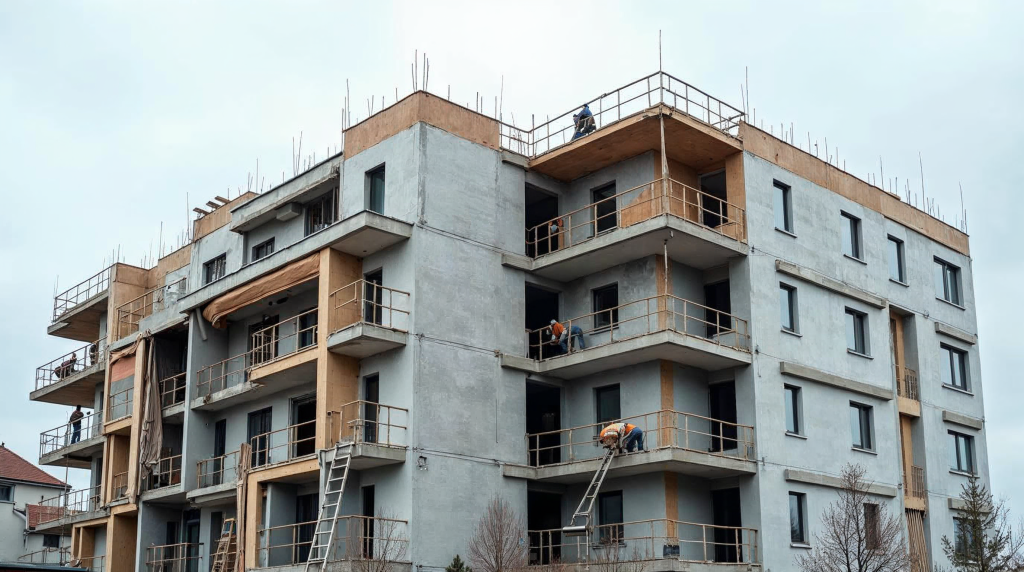 Çok katlı bir binanın cephesinde mantolama levhası uygulaması