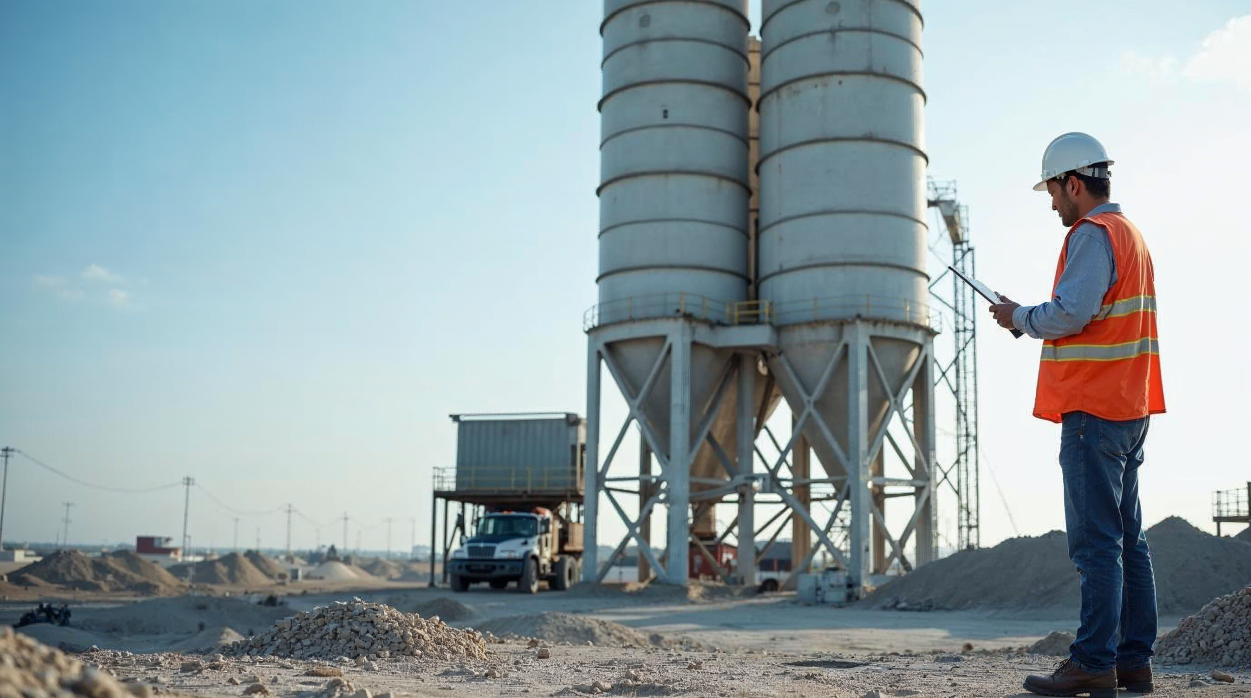 Şantiyede çimento silosu ve beton hazırlama alanı
